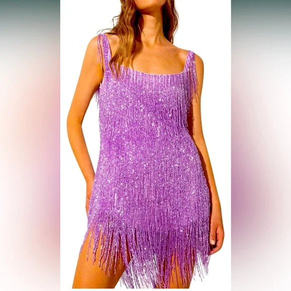 Sexy Style Backless Skirt Women Sleeveless Glitter Tassel Long Sling Dresses - Picture 1 of 7